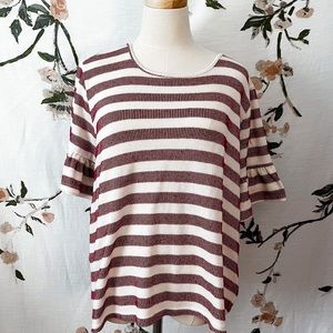 Red Striped Ruffle Sleeve Knit Top